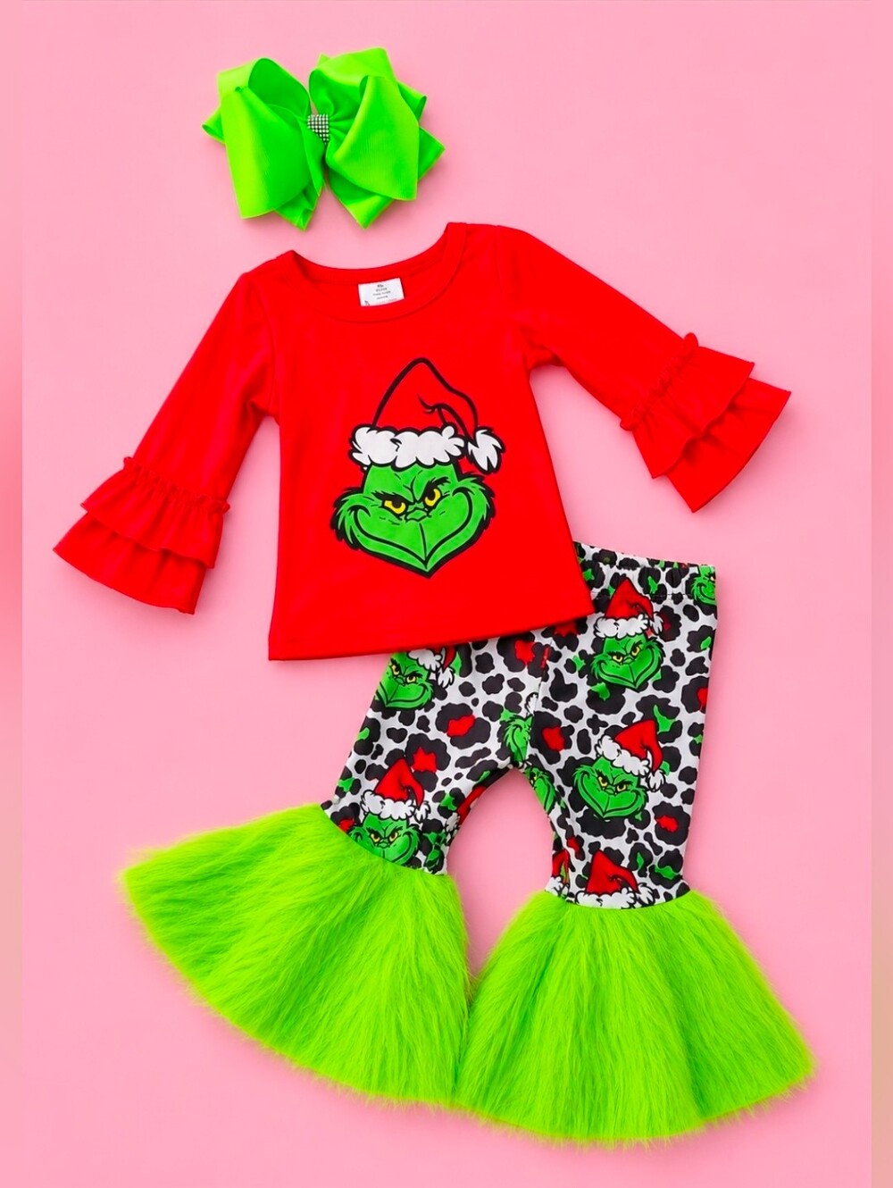 Girls Grinch Christmas Fur Bell Bottom Set